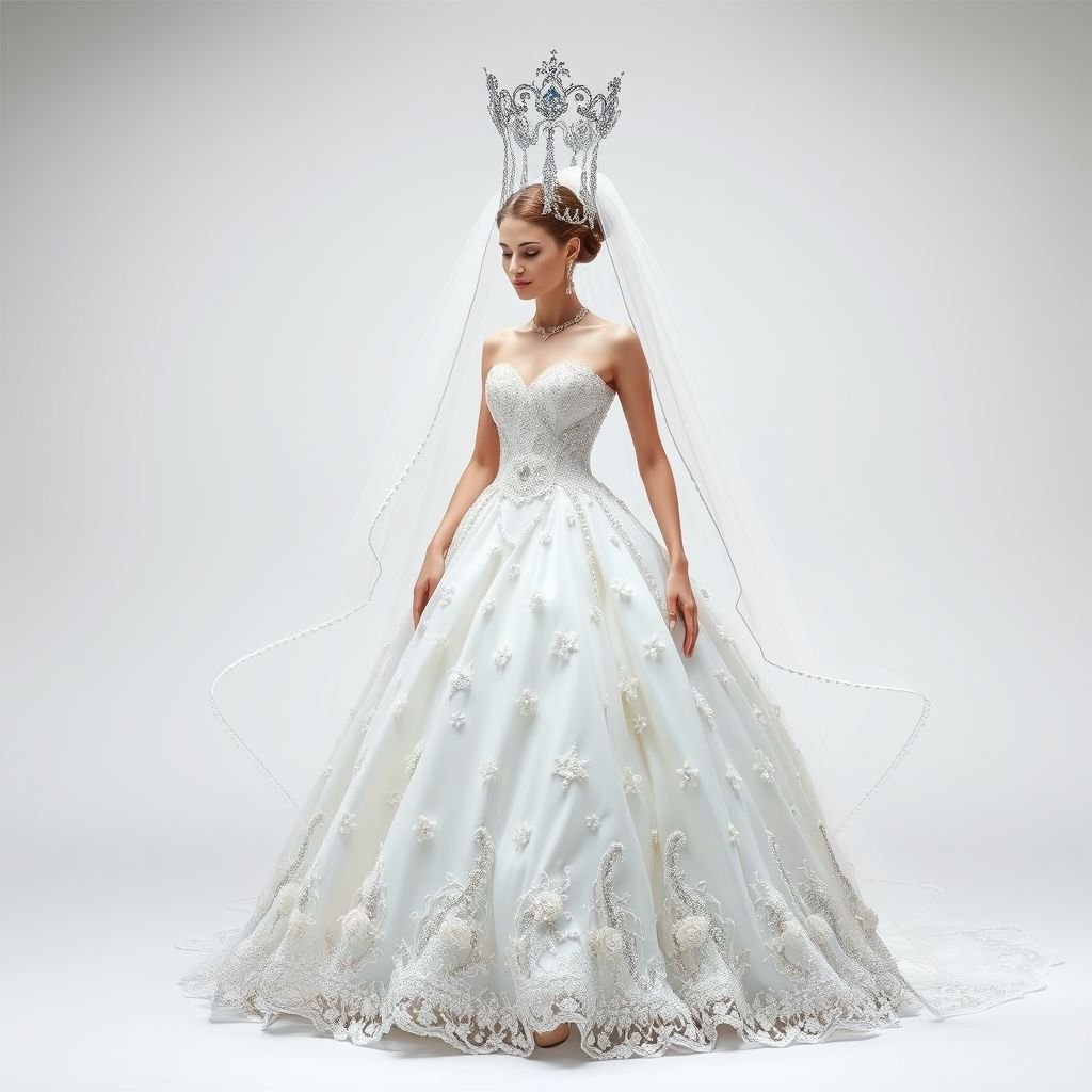 Think orthodox wedding here, yes, I did have a baby ha ha UR AMAZING BEAUTIFUL WORK WOW. full sized:) ur so good! We need the feet too! Full model sized human. We need every dress detail!!! :) YAY Imagine all to see in ones appearance.. first the crown. Wow breathtaking! The embarking, the chains dangling around each spike of diamond. Then the veil.. mesh and see through, to see the beautiful brunette hair with balayage and baby lights. Design through the ends of the veil. Dress.. hmm.. I’m thinking flowy at the bottom and shaping at the waist. Pearl designs in the diameter of the bottom flowy part. On each side of the hip of the dress, curtain soft flower designs as on the inside is a pocket:). Necklace and makeup like Mary mandolin.. ORTHODOX beauty. Shoes spiral up the legs of the woman like a ballerina.. you can do the rest:)
Imagine an orthodox wedding gown that radiates elegance and grace. The gown features a structured bodice, cinching the waist, flowing into a mesmerizing skirt embellished with lustrous pearls. The sheer, cascading veil frames a halo of diamond-studded crowns, while delicate flower accents conceal hidden pockets at the hips. Spiraled shoes shimmer, mimicking ballet. All exude breathtaking beauty!