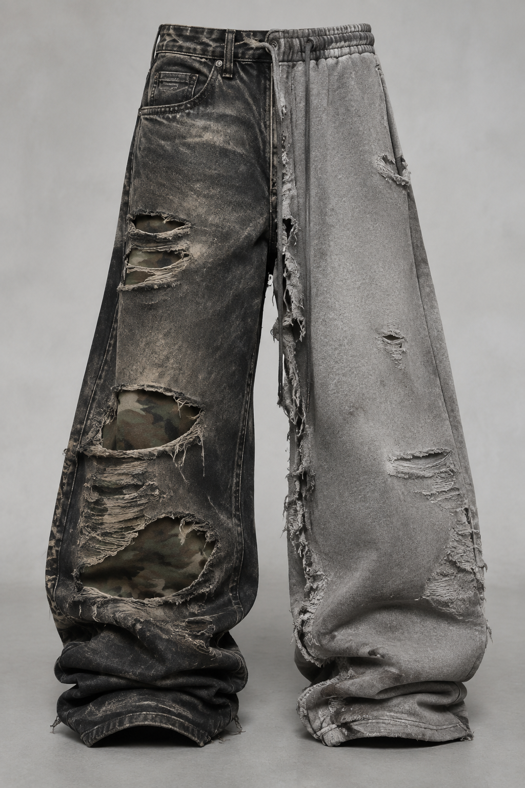 Baggy Archive Designer jeans the half is a Archive Waxed balenciags lost Tapes with distressed Elements and under the Jeans is a Camouflage Muster and the other side is a Grey baggy Jogger with also Archive distressed Look and in the middle of These there is distressed
Baggy Archive Designer jeans the half is a Archive Waxed balenciags lost Tapes with distressed Elements and under the Jeans is a Camouflage Muster and the other side is a Grey baggy Jogger with also Archive distressed Look and in the middle of These there is distressed