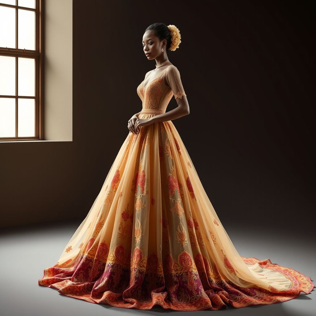 An ethereal gown for wedding having the Somali cultural style plus the Ethiopian with little bit Indian velvet
Design an ethereal gown that blends the elegance of Somali cultural motifs and the intricate patterns of Ethiopian textiles, enhanced with luxurious Indian velvet accents. The gown features flowing layers with delicate embroidery, vibrant earthy tones, and a cascading train that evokes a sense of fairy tale romance, perfect for a wedding.