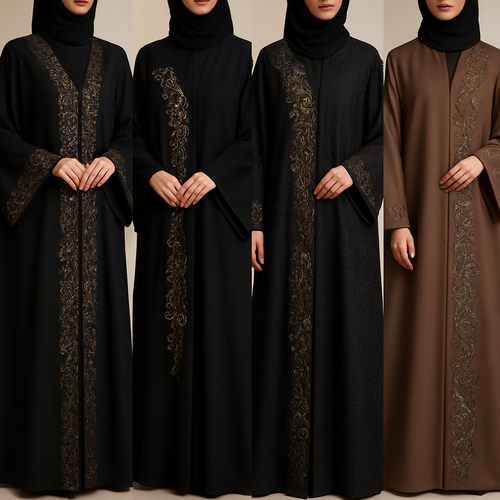 Create me modest abaya that's first in the world, using unique stone design, classy and sophisticated. Keep me 4 designs. Make them rich by adding unique chic stone embroidery and stones designs. Showcasing different styles and fabric.