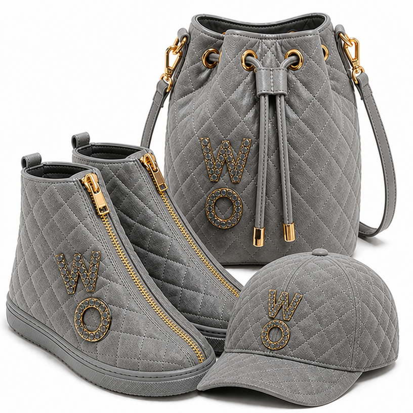 Make this same set hat , bag and sneaker with
The diamonds in grey suede
edit the attached fashion design with these instructions: Make this same set hat , bag and sneaker with
The diamonds in grey suede. keep it photorealistic, just the design no text
