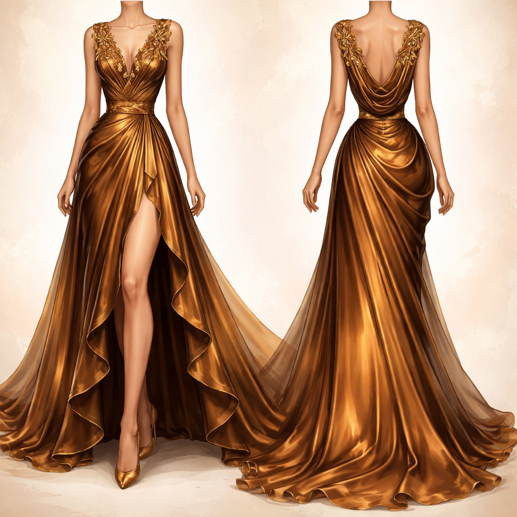 Flowing silk evening gown with asymmetric hemline only in front, botanical embroidery along the neckline in matching gown color in deep golden bronze
Flowing silk evening gown with asymmetric hemline only in front, botanical embroidery along the neckline in matching gown color in deep golden bronze
, artsy style, show front and back