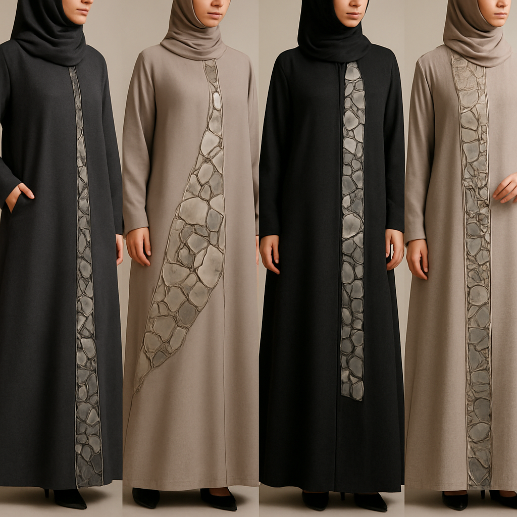 Create a modest abaya that's the first of its kind, featuring a unique stone design that exudes a classy and sophisticated vibe. I'd like four designs, each showcasing different styles and fabrics.
Incorporate high-end, unique chic stone designs to make them truly special. Add a little sophisticated stone work to it.
Create a modest abaya that's the first of its kind, featuring a unique stone design that exudes a classy and sophisticated vibe. I'd like four designs, each showcasing different styles and fabrics.
Incorporate high-end, unique chic stone designs to make them truly special. Add a little sophisticated stone work to it.