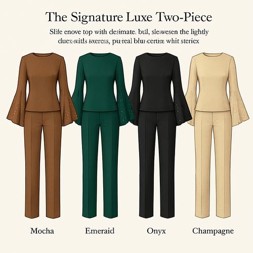 The Signature Luxe Two-Piece
A silk-crepe top with dramatic bell sleeves lightly dusted with stones, paired with straight-cut tailored trousers. Available in rich tones: mocha, emerald, onyx, and champagne.