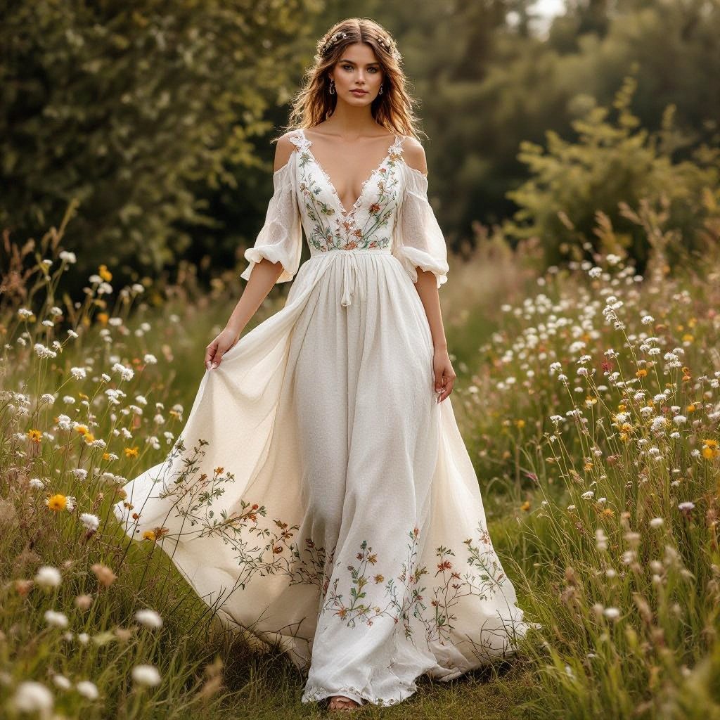 Beauty and the beast wedding dress
Earthy fashion: Earthy "Beauty and the Beast" wedding dress. Flowing natural linen, delicate wildflower embroidery, soft ivory hues.