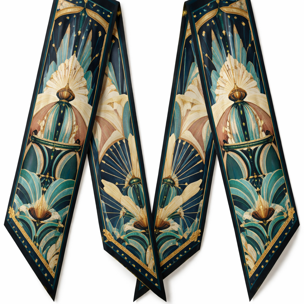 Design a silk scarf that is 5x 86cm with oblique edges. Make it an abstract fountain theme with and art deco style
Design a silk scarf that is 5x 86cm with oblique edges. Make it an abstract fountain theme with and art deco style, classic style, show front and back