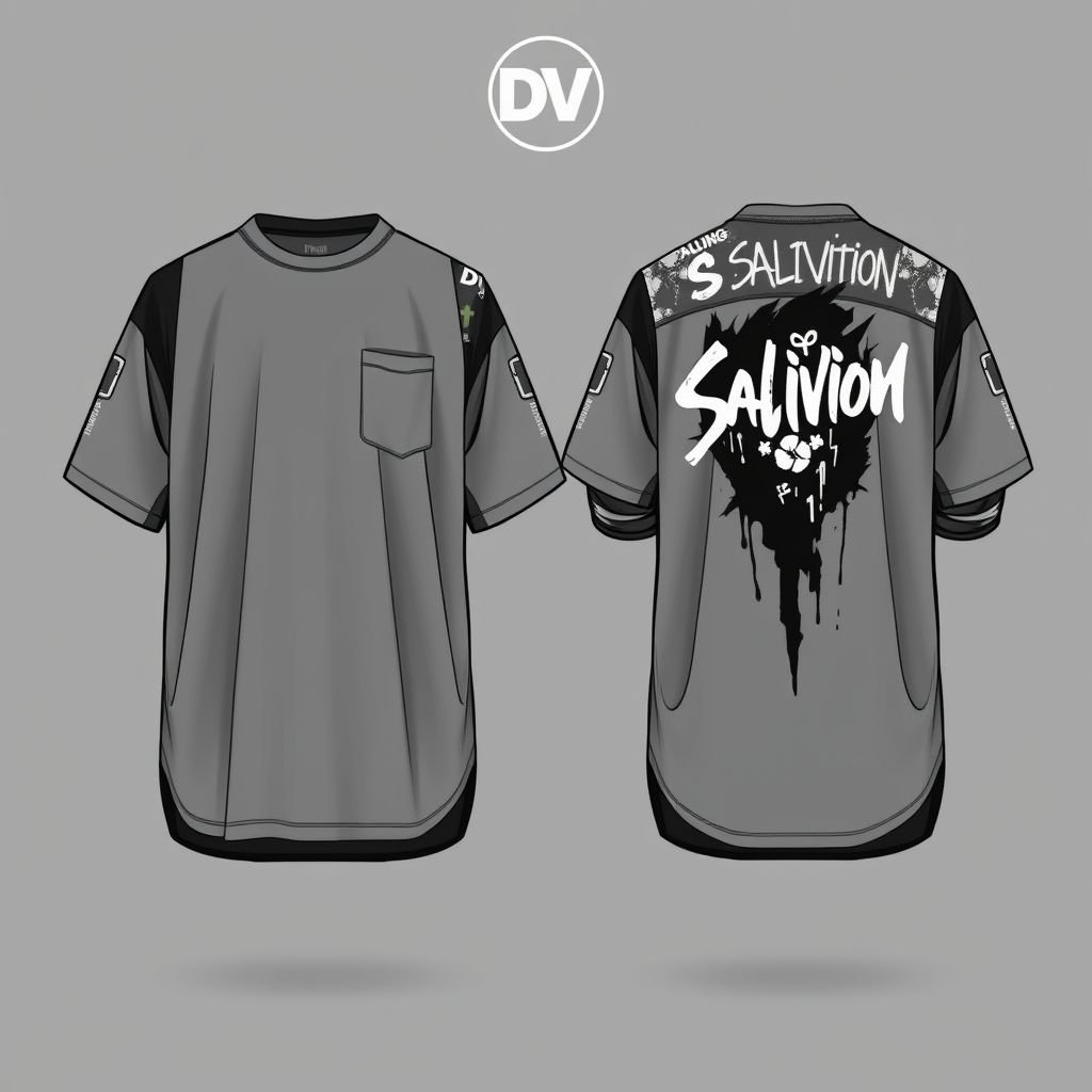 Men’s Shirt. Short sleeve with long sleeve under. With salvation across shoulders on back of shirt. Grey on grey, dark grey/light grey. Oversized streetwear shirt, with light graffiti on it. With “DV” on front in top left. Show both front and back.
Design an oversized men's streetwear shirt featuring a short-sleeve exterior and long-sleeve underlayer for a layered look. Incorporate a salvation graphic across the shoulders on the back, blending dark and light grey tones. Add subtle graffiti accents and "DV" logo in top left front. Showcase both front and back views.