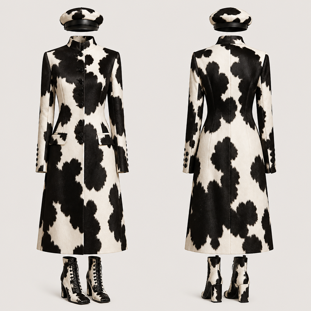No model women cow hide black and white single breasted neru collar , 5 buttons on sleeve , also square toe lace up ankle boots in the same fabric with a captain hat
photorealistic fashion design, No model women cow hide black and white single breasted neru collar , 5 buttons on sleeve , also square toe lace up ankle boots in the same fabric with a captain hat , fall style, just the design no text, show front and back