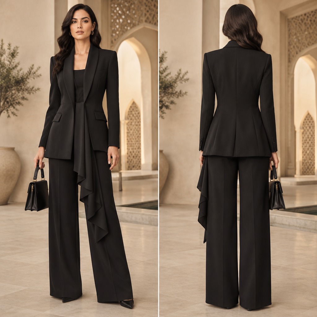 A Female fashion design, with a light, flowing drape, in a Monochrome color palette, for Work, in Business + Elegant style. بذلة سوداء فخمة للسيدات الاعمال. Morocco fashion aesthetics. Present it as professional fashion catalogue photography: the garment is the subject, shown full-length with editorial styling, neutral posing and tasteful, non-suggestive framing.
photorealistic fashion design, A Female fashion design, with a light, flowing drape, in a Monochrome color palette, for Work, in Business + Elegant style. بذلة سوداء فخمة للسيدات الاعمال. Morocco fashion aesthetics. Present it as professional fashion catalogue photography: the garment is the subject, shown full-length with editorial styling, neutral posing and tasteful, non-suggestive framing., business style, just the design no text, show front and back