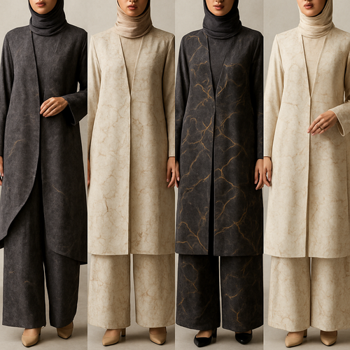Create a modest abaya and loose pant, first of its kind, featuring a unique stone design that exudes a classy and sophisticated vibe. I'd like four designs, each showcasing different styles and fabrics. Incorporate high-end, unique chic stone designs to make them truly special. Add little sophisticated stone designs. Make it irresistible!