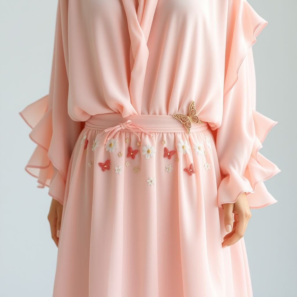 abaya in a soft, blush-pink fabric, flowing gently. The waist is cinched with adorable, playful embroidery. Tiny, colorful flowers and whimsical butterflies are scattered across the waistline, creating a cute and charming design that adds a touch of youthful elegance.
Envision a romantic abaya in soft blush-pink fabric, billowing effortlessly to the floor. The waist is elegantly cinched with intricate, playful embroidery of tiny flowers and whimsical butterflies, radiating charm. Delicate ruffles cascade from the sleeves, while a subtle shimmer enhances the fabric's ethereal sheen, embodying a youthful elegance perfect for any occasion.