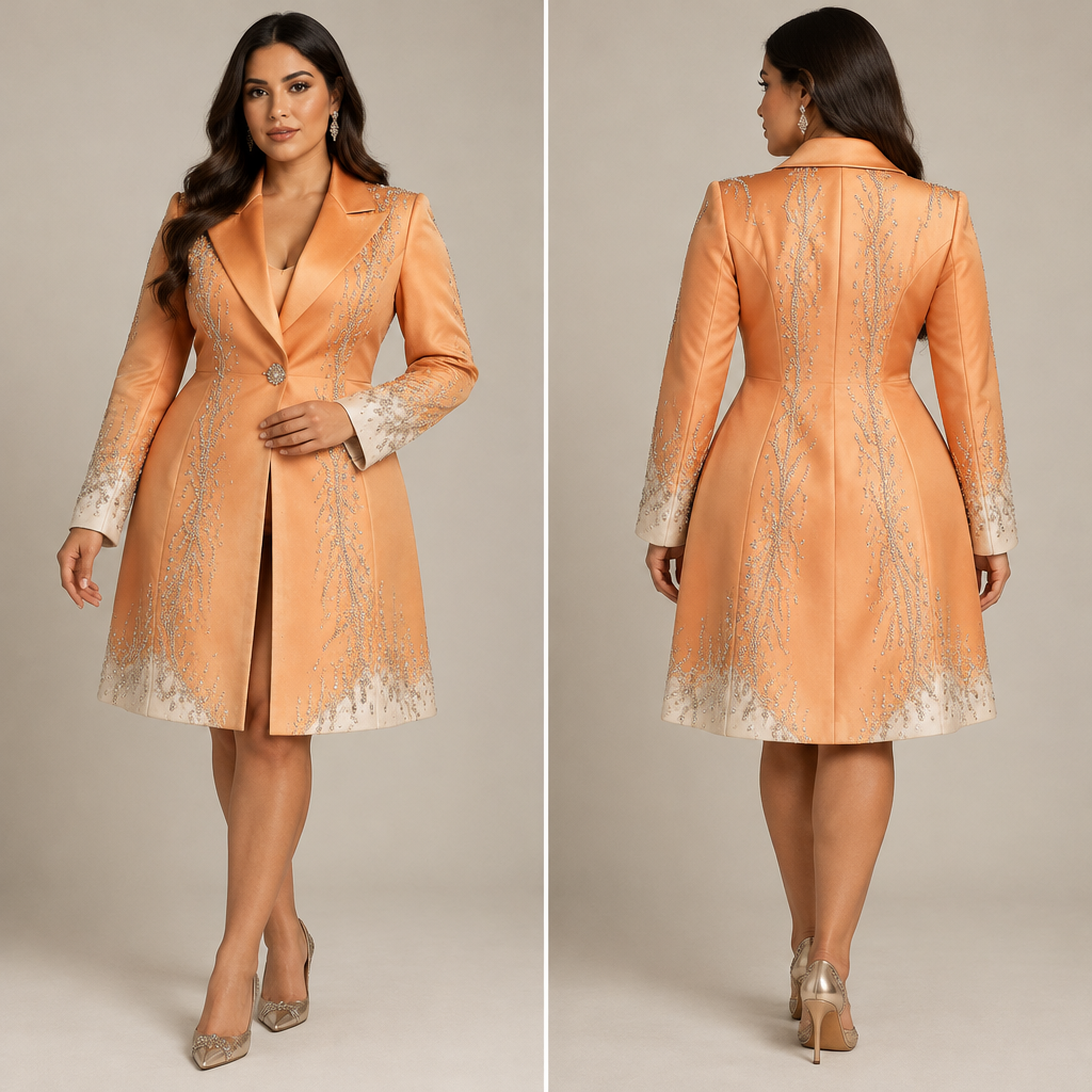 photorealistic fashion design, photorealistic fashion design, photorealistic fashion design, photorealistic fashion design, A Female Jacket design, made of Satin, with a rich, textured surface, with a Tailored silhouette, in an Earth Tones color palette, for Formal, suitable for Winter, in Business style, shown on a model with olive skin and a curvy figure. rhinestones design. JM fashion aesthetics. Present it as professional fashion catalogue photography: the garment is the subject, shown full-length with editorial styling, neutral posing and tasteful, non-suggestive framing., business style, just the design no text, show front and back. Refinement: change to black, just the design no text. Refinement: remove the pants make the jacket longer, just the design no text. Refinement: add a little bit of white to the ends, just the design no text. Refinement: change black to light orange
photorealistic fashion design, photorealistic fashion design, photorealistic fashion design, photorealistic fashion design, photorealistic fashion design, A Female Jacket design, made of Satin, with a rich, textured surface, with a Tailored silhouette, in an Earth Tones color palette, for Formal, suitable for Winter, in Business style, shown on a model with olive skin and a curvy figure. rhinestones design. JM fashion aesthetics. Present it as professional fashion catalogue photography: the garment is the subject, shown full-length with editorial styling, neutral posing and tasteful, non-suggestive framing., business style, just the design no text, show front and back. Refinement: change to black, just the design no text. Refinement: remove the pants make the jacket longer, just the design no text. Refinement: add a little bit of white to the ends, just the design no text. Refinement: change black to light orange, just the design no text