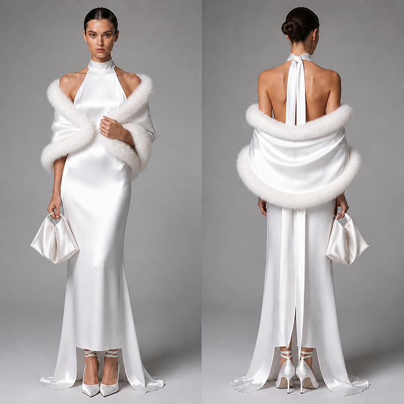 Add a stretch satin and white fur shawl throw over the shoulders
edit the attached fashion design with these instructions: Add a stretch satin and white fur shawl throw over the shoulders. keep it photorealistic, just the design no text