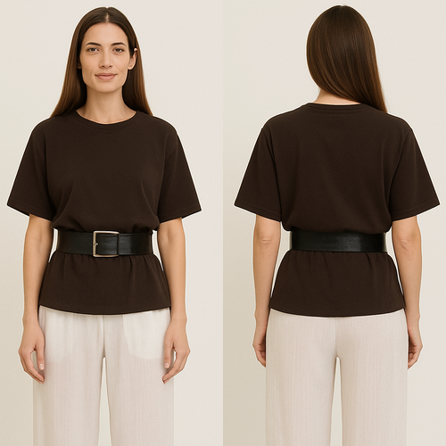 A pretty women age 35. Long straight hair, brown. with wide white trousers - the fabric is thin and little bit see through , dark brown t shirt (oversized) . On top of the t shirt a black vintage leather belt (wide)