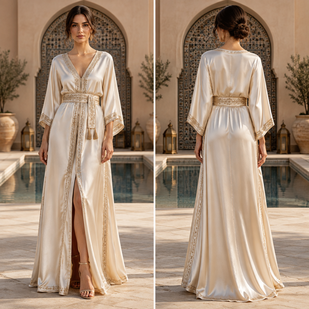 A Female Dress design, made of Silk, with a Relaxed silhouette, for Date Night, suitable for Summer, in Classic + Elegant style. Morocco fashion aesthetics. Present it as professional fashion catalogue photography: the garment is the subject, shown full-length with editorial styling, neutral posing and tasteful, non-suggestive framing.
photorealistic fashion design, A Female Dress design, made of Silk, with a Relaxed silhouette, for Date Night, suitable for Summer, in Classic + Elegant style. Morocco fashion aesthetics. Present it as professional fashion catalogue photography: the garment is the subject, shown full-length with editorial styling, neutral posing and tasteful, non-suggestive framing., classic style, just the design no text, show front and back