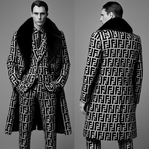 Men’s high fashion, sportswear, three-piece suit and overcoat, black and white Fendi Avangard with black mink fur