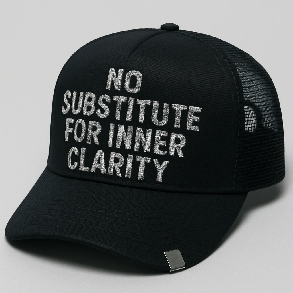 A foam trucker with raised glittery embroidery on the text in black saying no substitute for inner clarity. Put a metal tab on the left side of the hats beak
A foam trucker with raised glittery embroidery on the text in black saying no substitute for inner clarity. Put a metal tab on the left side of the hats beak
, streetwear style