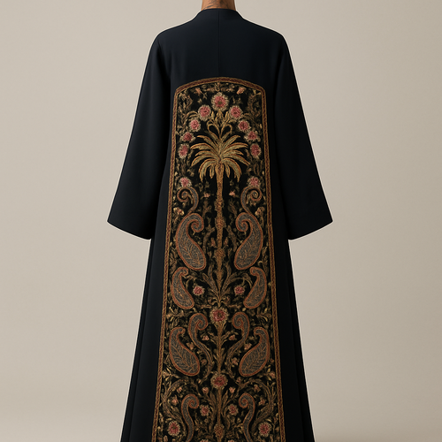 ‏4) Back‑Panel Narrative Abaya (recommended)
‏"Minimal elegant front, dramatic medium back panel from low back to ankle: central stylized palm tree crowned by a wreath of Taif roses, branching Kashmiri paisley motifs and scattered star accents, jacquard back panel with zardozi gold embroidery, silk thread colorwork (rose pinks, deep greens, cream highlights), pearl and bead accents for sparkle, main body in matte crepe, embroidery clearly visible to the ankle, shown on a luxurious carved wooden mannequin, high‑detail photorealistic, editorial product shot, neutral studio backdrop, full‑length framing."
