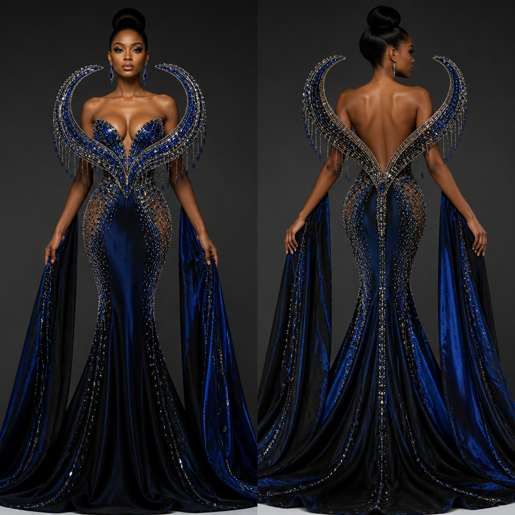 Design Concept
Imagine a sculpted circular frame starting from the chest area, almost like an artistic metallic halo wrapping around the bust. Instead of heavy armor-like metal, use lightweight flexible materials so the gown still flows naturally.
Structure of the Circular Bowl
The circular shape should:
* Begin from the cleavage/bust line
* Curve outward smoothly like a sculpted shell
* Be slightly raised for a dramatic silhouette
* Connect softly into the waist for a snatched effect
Best Materials for the Circular Part
Instead of heavy steel:
* Aluminum wire frame (very lightweight)
* Flexible millinery wire
* Thin EVA foam understructure
* Plastic boning
* Acrylic mirror pieces
* Metallic mesh fabric
These keep the structure light but luxurious.
⸻
Fabric Combination
For a rich couture look:
Main Fabric
* Silk duchess satin
* Stretch velvet
* Organza overlay
* Mikado fabric
* Glitter tulle
Colors That Would Look Luxurious
* Royal blue + black chrome
* Burgundy + silver
* Emerald green + gold
* Wine red + crystal stones
* Black + sapphire rhinestones
Sparkles & Accessories
To make it luxurious:
* Swarovski crystals
* Rhinestone chains
* Glass beads
* Metallic appliqués
* Hanging crystal drops
* Reflective stones around the circular frame
You can also add:
* Side shoulder drapes
* Floating metallic strips
* Glitter mesh sleeves
* Beaded waist illusion
⸻
How to Construct It
Step 1 — Build the Frame
Create the circular bowl shape using:
* Flexible aluminum wire
* Covered with mesh or foam
* Attach to a corset base
Step 2 — Cover the Structure
Wrap with:
* Glitter mesh
* Satin fabric
* Crystal netting
Step 3 — Add Embellishments
Hand-stone the edges using:
* Rhinestones
* Pearls
* Reflective beads
Step 4 — Attach to Dress
Secure onto:
* Corset bodice
* Boned inner lining
* Hidden stitches and hooks
⸻
Final Look
The finished gown would feel:
* Futuristic
* Red carpet worthy
* Elegant but dramatic
* Sculptural like wearable art
Think of a mix between:
* haute couture runway fashion
* luxury pageant wear
* Afrofuturistic glam
F
photorealistic fashion design, Design Concept
Imagine a sculpted circular frame starting from the chest area, almost like an artistic metallic halo wrapping around the bust. Instead of heavy armor-like metal, use lightweight flexible materials so the gown still flows naturally.
Structure of the Circular Bowl
The circular shape should:
* Begin from the cleavage/bust line
* Curve outward smoothly like a sculpted shell
* Be slightly raised for a dramatic silhouette
* Connect softly into the waist for a snatched effect
Best Materials for the Circular Part
Instead of heavy steel:
* Aluminum wire frame (very lightweight)
* Flexible millinery wire
* Thin EVA foam understructure
* Plastic boning
* Acrylic mirror pieces
* Metallic mesh fabric
These keep the structure light but luxurious.
⸻
Fabric Combination
For a rich couture look:
Main Fabric
* Silk duchess satin
* Stretch velvet
* Organza overlay
* Mikado fabric
* Glitter tulle
Colors That Would Look Luxurious
* Royal blue + black chrome
* Burgundy + silver
* Emerald green + gold
* Wine red + crystal stones
* Black + sapphire rhinestones
Sparkles & Accessories
To make it luxurious:
* Swarovski crystals
* Rhinestone chains
* Glass beads
* Metallic appliqués
* Hanging crystal drops
* Reflective stones around the circular frame
You can also add:
* Side shoulder drapes
* Floating metallic strips
* Glitter mesh sleeves
* Beaded waist illusion
⸻
How to Construct It
Step 1 — Build the Frame
Create the circular bowl shape using:
* Flexible aluminum wire
* Covered with mesh or foam
* Attach to a corset base
Step 2 — Cover the Structure
Wrap with:
* Glitter mesh
* Satin fabric
* Crystal netting
Step 3 — Add Embellishments
Hand-stone the edges using:
* Rhinestones
* Pearls
* Reflective beads
Step 4 — Attach to Dress
Secure onto:
* Corset bodice
* Boned inner lining
* Hidden stitches and hooks
⸻
Final Look
The finished gown would feel:
* Futuristic
* Red carpet worthy
* Elegant but dramatic
* Sculptural like wearable art
Think of a mix between:
* haute couture runway fashion
* luxury pageant wear
* Afrofuturistic glam
F, luxury style, just the design no text, show front and back