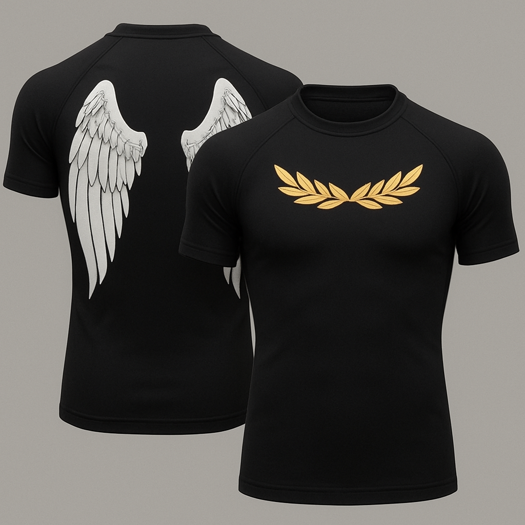 Black base compression fit short sleeve rash guard with angel wings in the back 

There’s a character from the video game super mash bros named pit. I would like his gold father headband to be just under the collar of the rash guard. Lastly in pits wrist he has 2 gold bracelets. I’d like to put those on the left sleeve of the rash guard 

Put the rings a little higher and I want the neck piece to have a gap in the center of the neck area 

Black base compression fit short sleeve rash guard with angel wings in the back 

There’s a character from the video game super mash bros named pit. I would like his gold father headband to be just under the collar of the rash guard. Lastly in pits wrist he has 2 gold bracelets. I’d like to put those on the left sleeve of the rash guard 

Put the rings a little higher and I want the neck piece to have a gap in the center of the neck area , streetwear style, show front and back