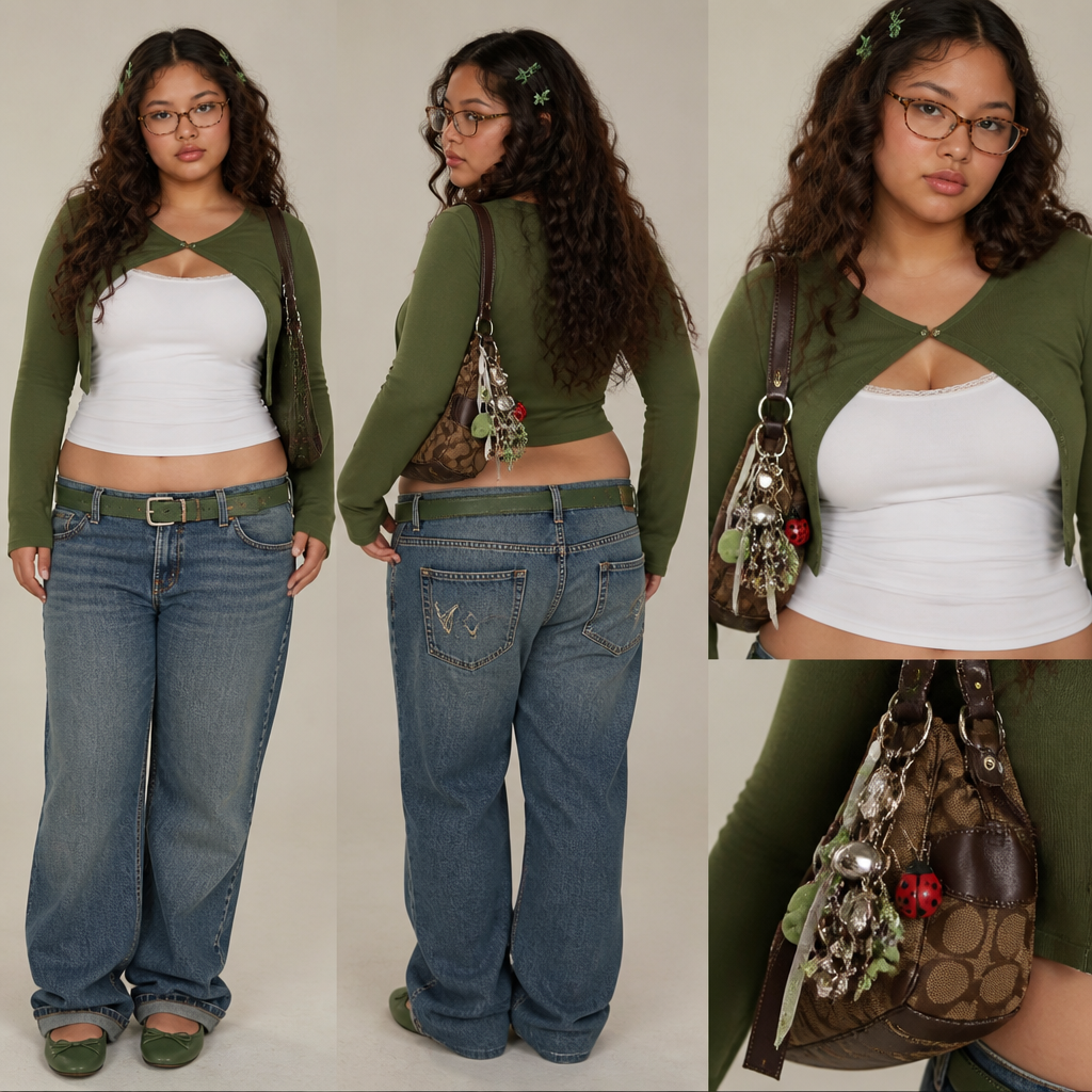 Make a half Philippine half white girl with super long curly hair, brown eves, and turtle shell classes thats a tiny bit chunky wear low rise jeans that have a green belt with silver buckle, a tight fitted white cami shirt, and a green cropped at the waist long sleeved cardigan that has only the top button closed and is the same color as the belt. Have some green flats paired with the outfit and some green clips in her hair. Have a brown coach bad with a lady bug charm and all kinds of bag charms on it on her shoulder. Make the girl like 200 lbs and more Philippine looking
photorealistic fashion design, Make a half Philippine half white girl with super long curly hair, brown eves, and turtle shell classes thats a tiny bit chunky wear low rise jeans that have a green belt with silver buckle, a tight fitted white cami shirt, and a green cropped at the waist long sleeved cardigan that has only the top button closed and is the same color as the belt. Have some green flats paired with the outfit and some green clips in her hair. Have a brown coach bad with a lady bug charm and all kinds of bag charms on it on her shoulder. Make the girl like 200 lbs and more Philippine looking, just the design no text