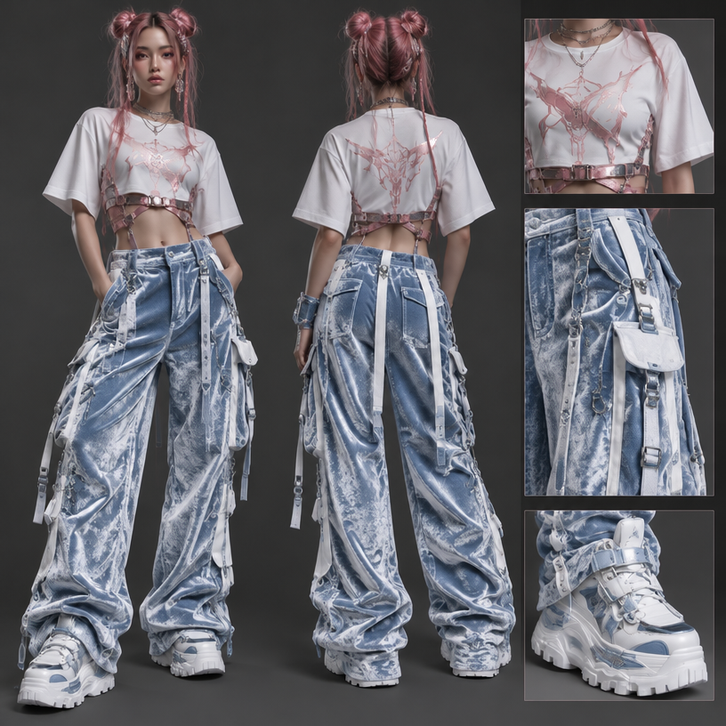Make the baggy pants white and blue
edit the attached fashion design with these instructions: Make the baggy pants white and blue. keep it photorealistic, just the design no text