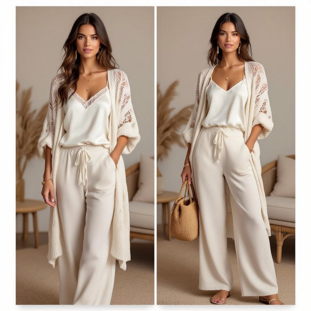 My fashion style is elegant and unique.
Lounge fashion: Elegant, unique lounge style: soft cotton wide-leg pants, silk camisole, open knit cardigan, delicate gold jewelry.