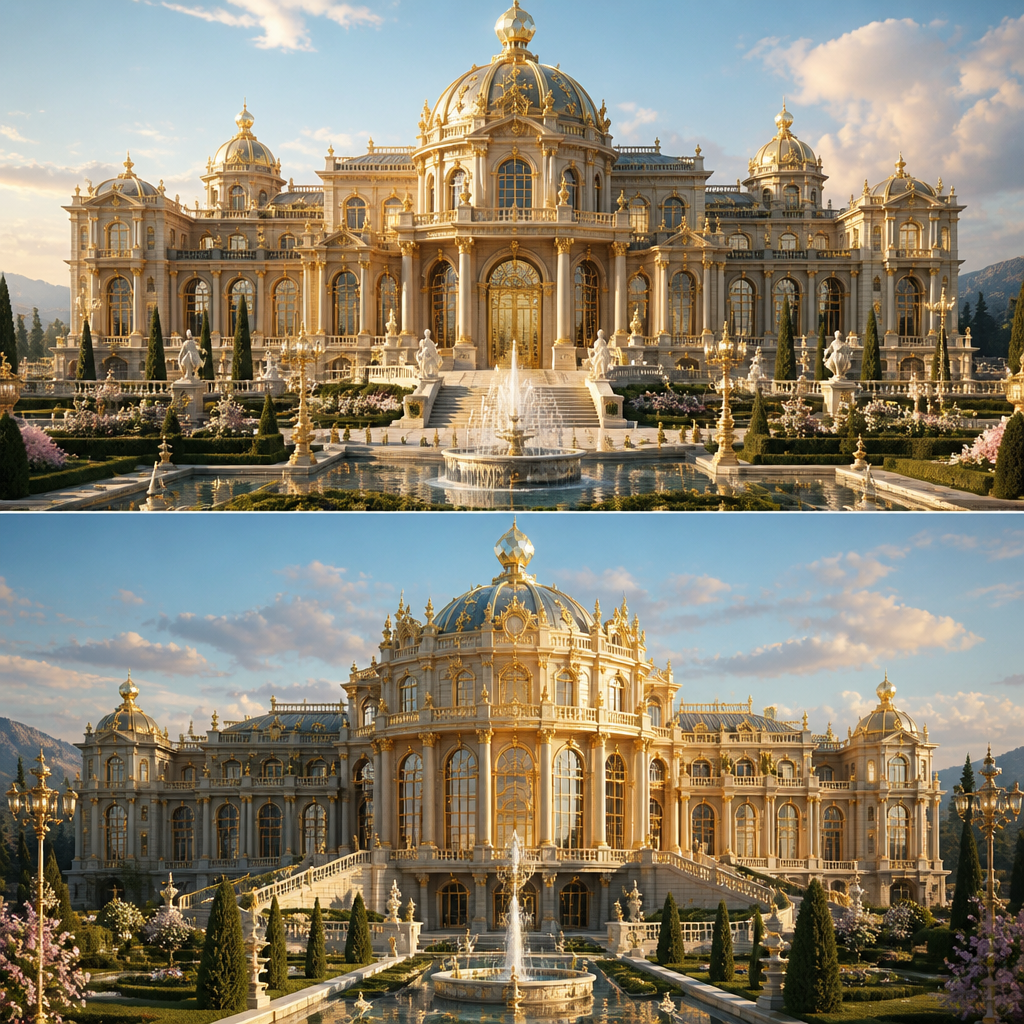 Design the magnificent Royal Palace of Queen Henriette, a legendary sovereign of timeless elegance and refinement. The palace rises on a hill of white marble overlooking vast royal gardens and reflecting pools. Its architecture combines French classical grandeur, royal European palaces, and geometric Art Deco luxury. The facade is crafted from ivory stone, cream marble, and champagne-gold accents. Towering columns, sculpted arches, grand staircases, crystal windows, and intricate carvings decorate every surface. Massive gilded doors open into halls illuminated by enormous crystal chandeliers. The palace features a majestic central dome crowned with a geometric golden jewel. Surrounding the palace are symmetrical gardens, fountains, rose pathways, marble statues, and reflecting lakes. Soft golden sunlight bathes the entire structure, creating an atmosphere of royalty, prestige, beauty, and timeless luxury. Ultra-realistic architectural masterpiece, cinematic lighting, royal fantasy realism, museum-quality detail, front view.
photorealistic fashion design, Design the magnificent Royal Palace of Queen Henriette, a legendary sovereign of timeless elegance and refinement. The palace rises on a hill of white marble overlooking vast royal gardens and reflecting pools. Its architecture combines French classical grandeur, royal European palaces, and geometric Art Deco luxury. The facade is crafted from ivory stone, cream marble, and champagne-gold accents. Towering columns, sculpted arches, grand staircases, crystal windows, and intricate carvings decorate every surface. Massive gilded doors open into halls illuminated by enormous crystal chandeliers. The palace features a majestic central dome crowned with a geometric golden jewel. Surrounding the palace are symmetrical gardens, fountains, rose pathways, marble statues, and reflecting lakes. Soft golden sunlight bathes the entire structure, creating an atmosphere of royalty, prestige, beauty, and timeless luxury. Ultra-realistic architectural masterpiece, cinematic lighting, royal fantasy realism, museum-quality detail, front view., just the design no text, show front and back