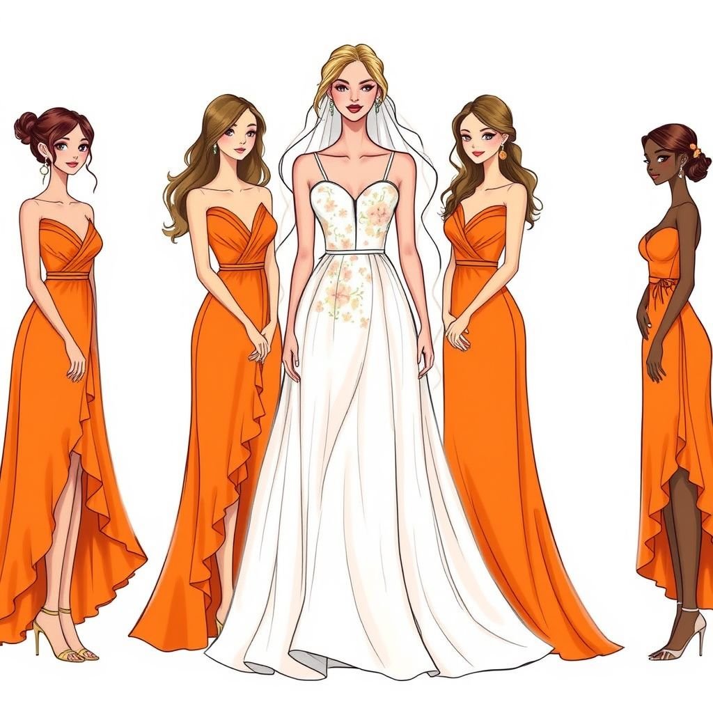 Generates an animation of a bride holding her case smiling with her friends who are her bridesmaids have bridesmaids are all different shapes and sizes and they putting on an orange bond orange colour dress
Create a vibrant fashion illustration featuring a radiant bride in a flowing gown adorned with delicate floral embroidery. Surround her with bridesmaids of varying shapes and sizes, each wearing uniquely tailored orange dresses that celebrate their individuality. The designs showcase asymmetrical hemlines, ruffled accents, and playful accessories, radiating joy and unity.