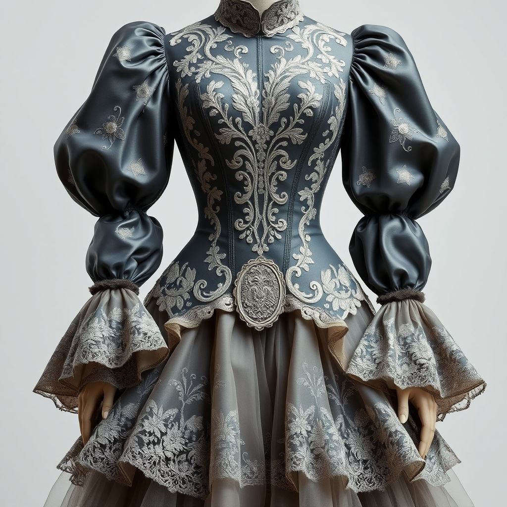 Couture, slate grey, leather, lace, tulle
Design an opulent Rococo-inspired couture gown in slate grey leather, adorned with intricate lace appliqués and delicate layers of soft tulle. Emphasize exaggerated sleeves and a lavish knee-length skirt, complemented by ornate embroidery and playful ruffles. Incorporate a dramatic corset silhouette that showcases accentuated curves, embodying elegance and grandeur of the era.