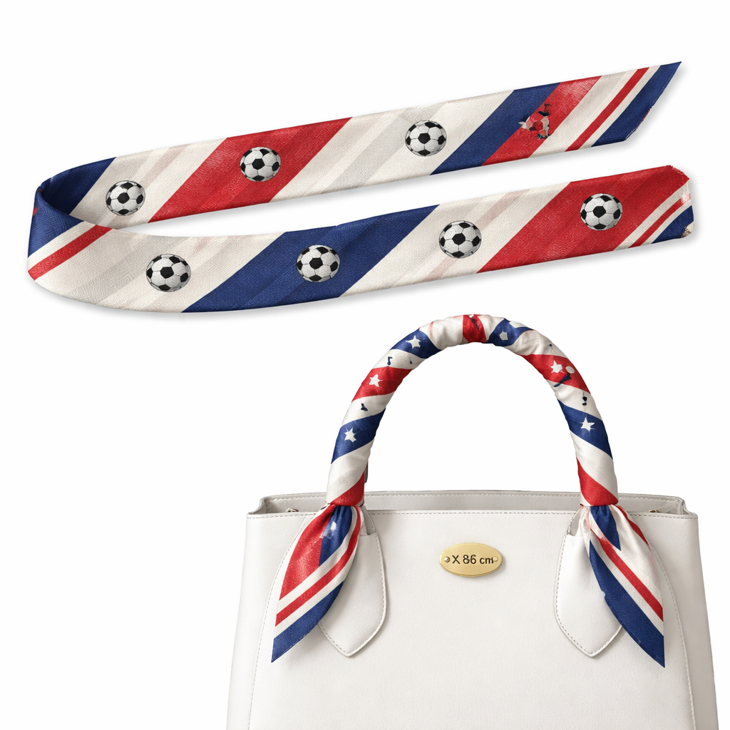 Design a 5 x 86 cm silk twilly that will be wrapped around the handle on a handbag.
It need to have a ver discrete herringbone pattern with small soccer balls throughout. Try using red white and blue. Make it feminine
Design a 5 x 86 cm silk twilly that will be wrapped around the handle on a handbag.
It need to have a ver discrete herringbone pattern with small soccer balls throughout. Try using red white and blue. Make it feminine , classic style