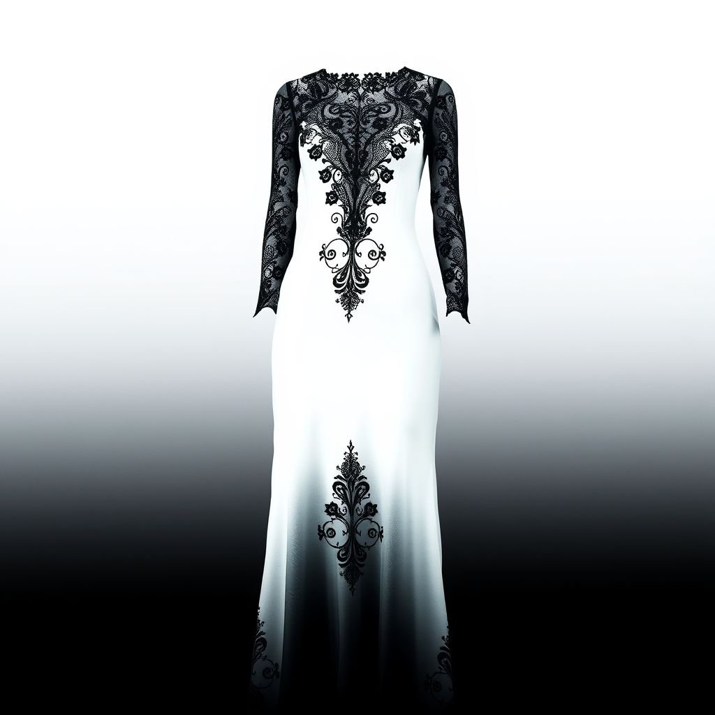 A white long body hugging dress that flares a bit just from the bottom of the knees all the way down and its dyed in black from the bottom up until the knees then a black laced design on the bodies and all the way to the arms and hands
Envision a stunning long body-hugging dress, pure white fabric that morphs into a dramatic ombre of deep black at knee-length. From this transition, intricate black lace cascades down the bodice and sleeved arms, intertwining like delicate vines. The flared bottom enhances movement, creating an elegant silhouette perfect for evening soirées.