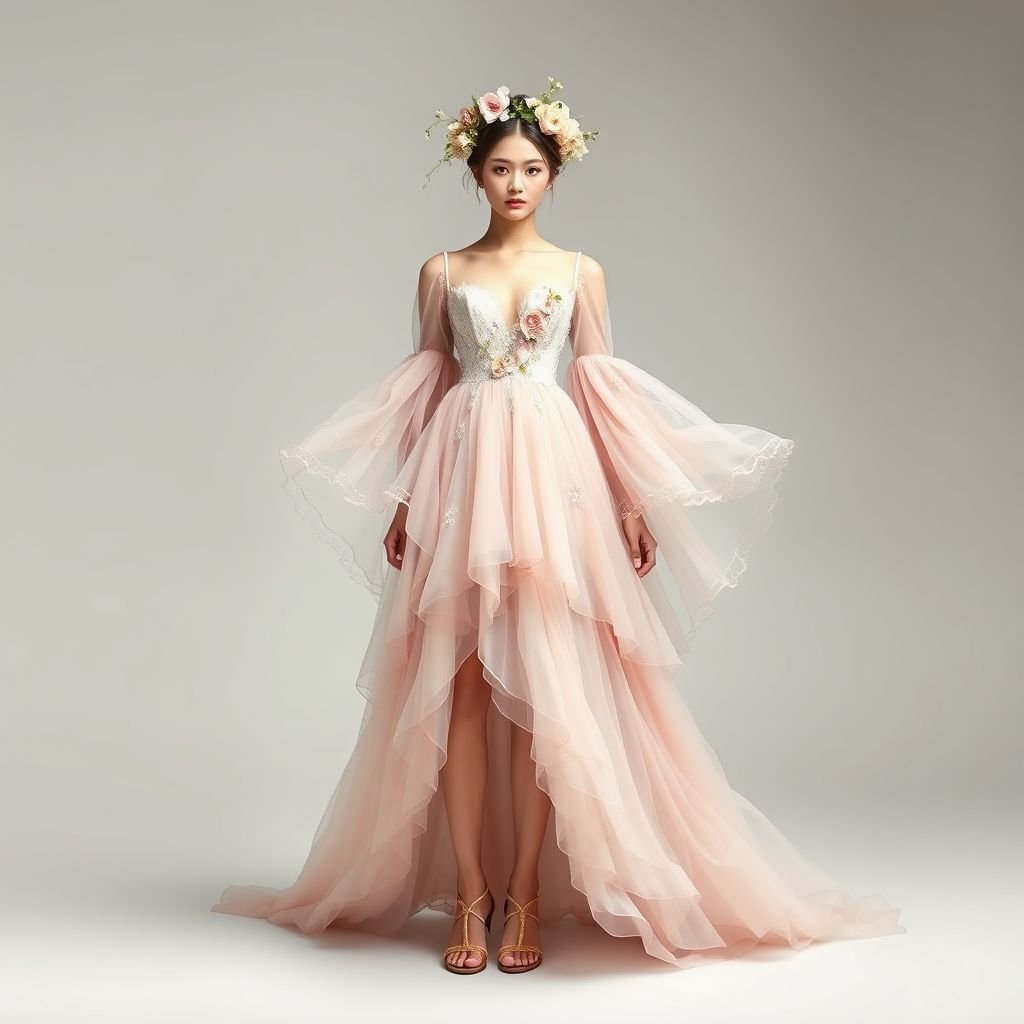 A outfits from wind of love that the head girl actor wood were would wear
Design an ethereal ensemble inspired by "Wind of Love," featuring a flowing, layered gown in soft pastels. The bodice is adorned with delicate floral embroidery, while sheer, billowing sleeves cascade elegantly. Paired with intricately woven sandals and a whimsical flower crown, this romantic look captures the essence of timeless elegance and dreamy romance.