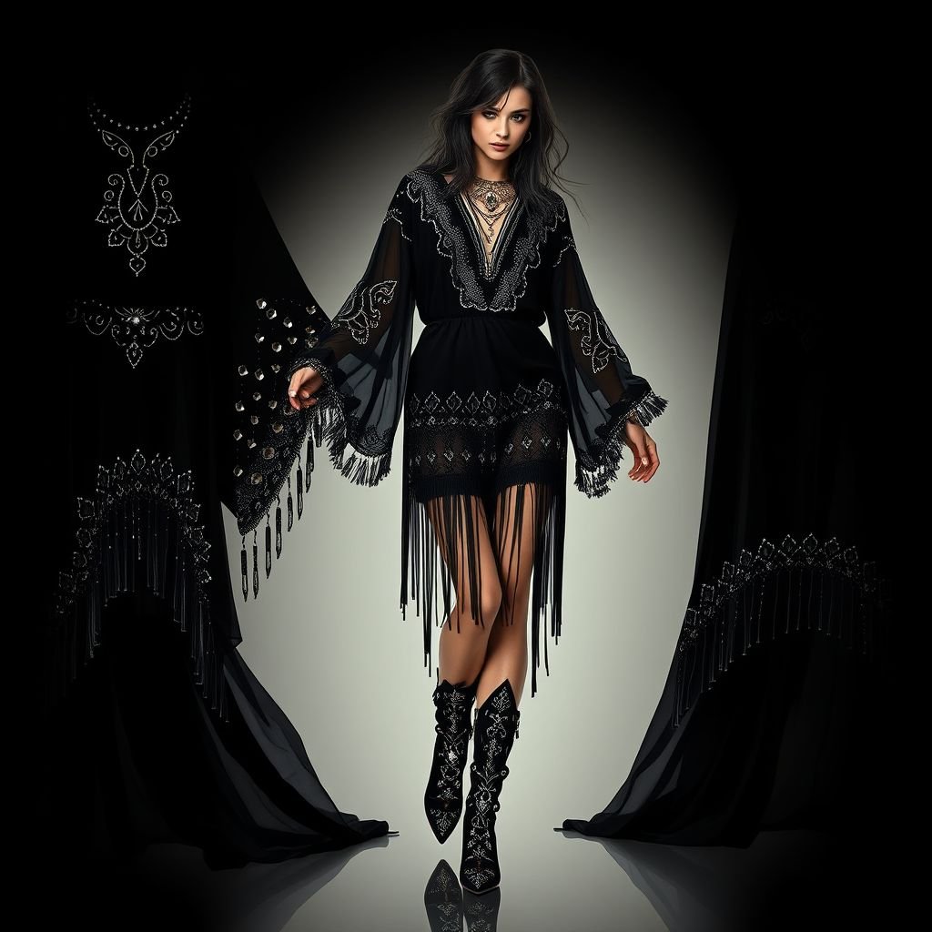 Black Bohemian Rhinestone
Imagine an enchanting black bohemian ensemble embellished with shimmering rhinestones. Flowing, oversized, layered garments drape gracefully, featuring intricate lace detailing and fringe. Each piece glimmers under soft lighting, while oversized sleeves and a cinched waist create effortless elegance. Complete the look with embellished ankle boots and statement jewelry, capturing ethereal wanderlust.