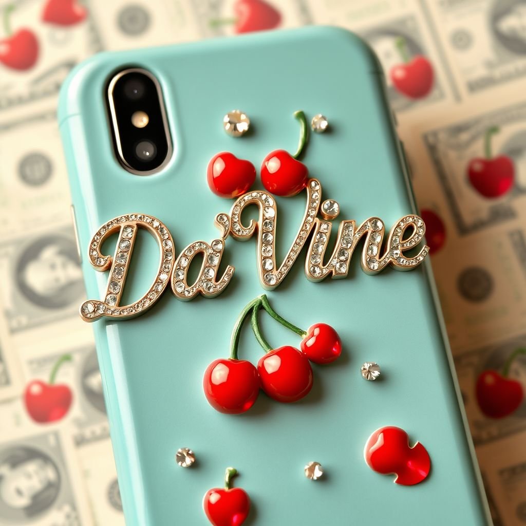 phone case with “Da’Vine” on it. With rhinestones and cherries and money
Design a vintage-inspired phone case featuring the name “Da’Vine” in elegant, retro script. Embellish the case with chunky rhinestones and playful cherry motifs, evoking the charm of 1950s pin-up style. Incorporate dollar bill patterns subtly in the background, merging classic glamour with a fun, whimsical touch for a timeless accessory.