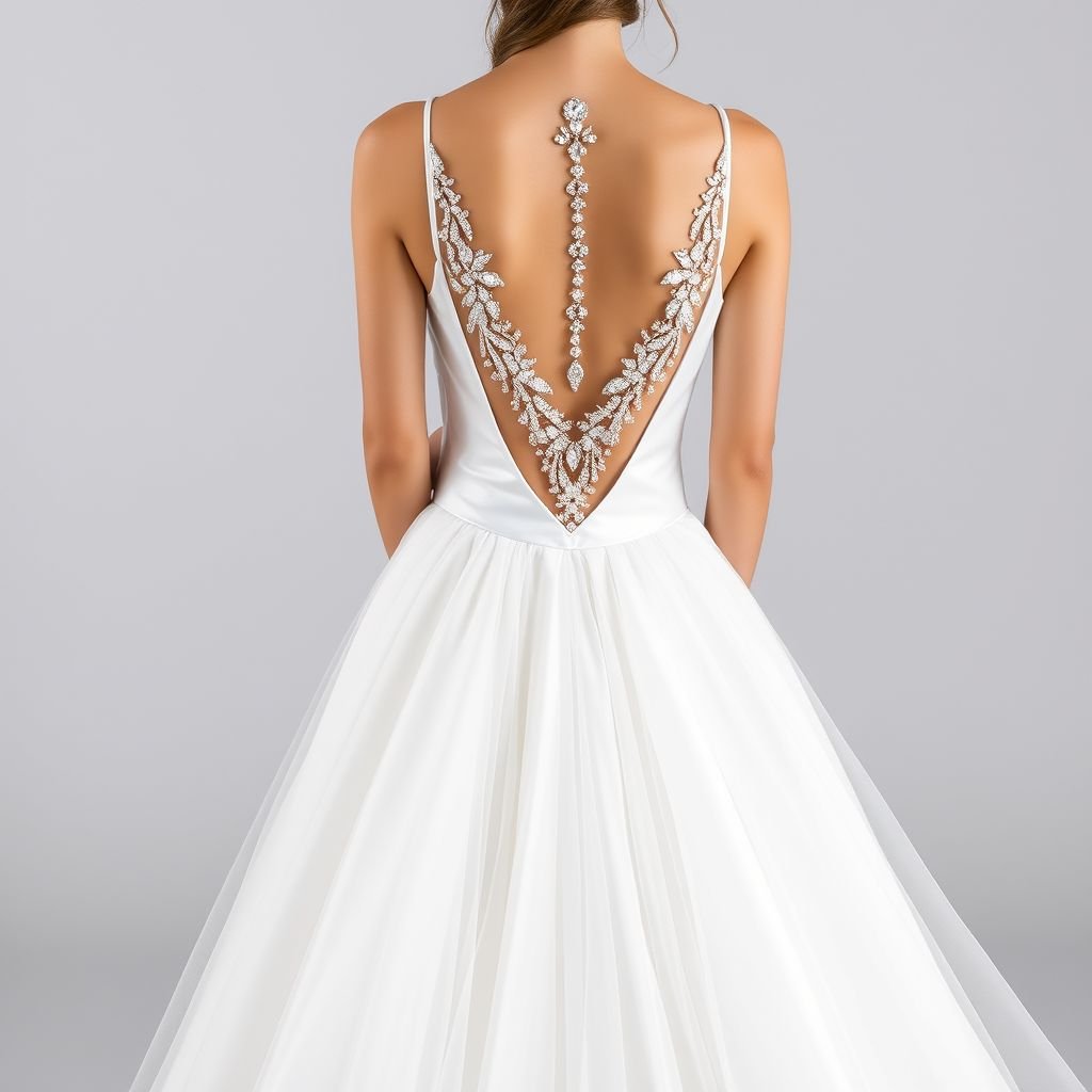 2. Upper Part: • Deep V-shaped neckline starting from the shoulders down to the underbust area. • The neckline is heavily adorned with white crystal embellishments, which are densest at the top and gradually decrease downward. • A thin, sash-like white belt wraps around the waist. 3. Lower Part: • From the waist down, the fabric falls straight, made of very lightly layered and slightly voluminous white tulle or organza. • The volume is minimal, creating a natural and elegant look. • The delicate fabric begins where the crystal embellishments end. 4. Color and Fabric: • The main fabric is white, made of shiny satin or silk. • The crystals or pearls embellishing the neckline and bust are in crystal or pearl tones. • The lower part’s fabric is white, slightly transparent, and has a flowing movement. 5. Details: • The back can be open or feature thin straps. • Sleeves are either absent or very thin straps are preferred. • The crystals used on the neckline and bust area are small and delicate, creating a subtle sparkle without overwhelming the design.
Envision a contemporary bridal gown, blending elegance with minimalist design. The deep V-neckline boasts intricate crystal embellishments, transitioning gracefully into a lightweight, softly voluminous tulle skirt. With a satin finish, the gown exudes sophistication. The streamlined silhouette, complemented by an open back or delicate straps, allows for ethereal movement, ensuring a timeless yet modern aesthetic.