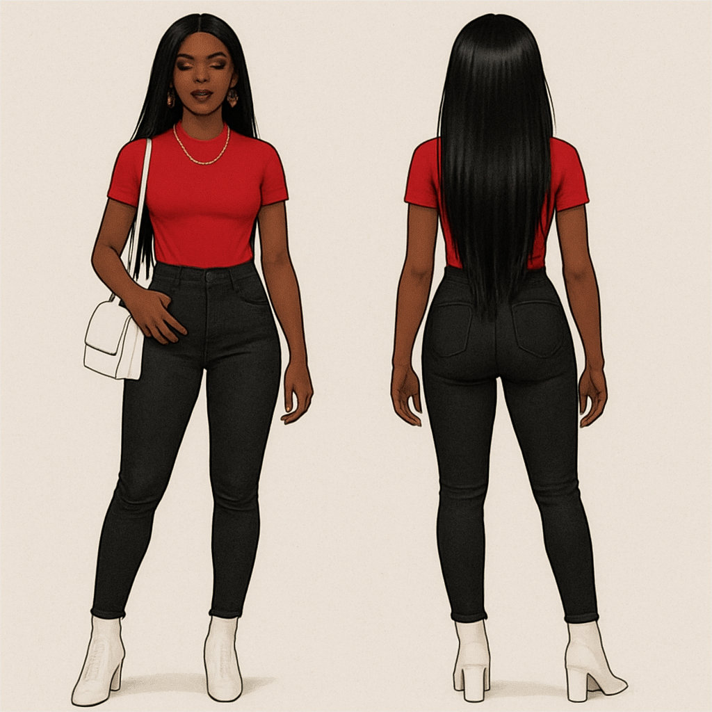 Black woman
Red shirt
Tight black jeans
White heel boots
Gold necklace
And earrings
Gold rings on fingers
Long weave pass the butt
White purse
Black woman
Red shirt
Tight black jeans
White heel boots
Gold necklace
And earrings
Gold rings on fingers
Long weave pass the butt
White purse , streetwear style, show front and back