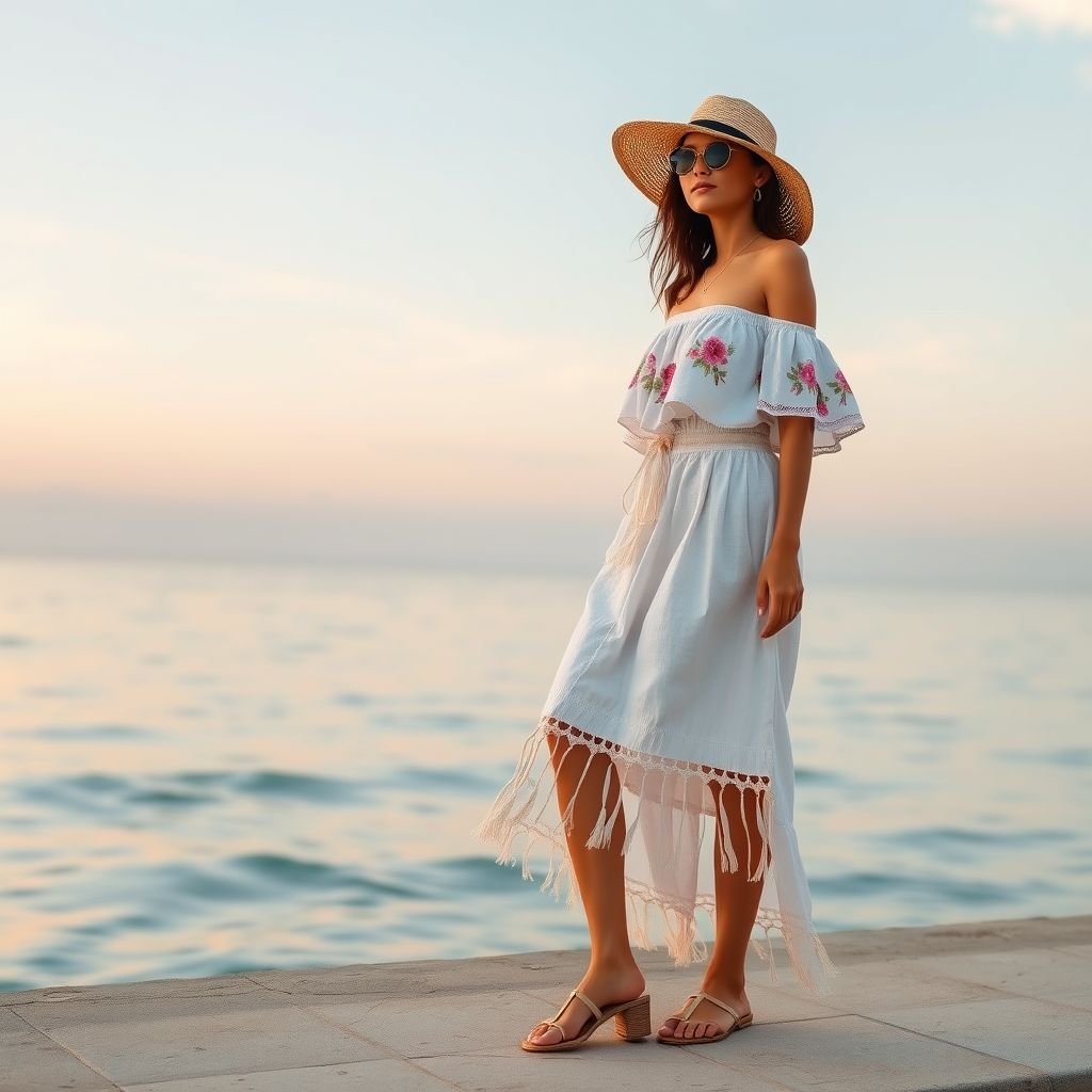 חצאית כותנה גרסה יוונית פשוטה מפשתן
Design a chic resort fashion line featuring a simple Greek-inspired cotton skirt made of breathable linen. Enhance its elegance with intricate tassels and soft pastel colors reflecting a coastal sunset. Pair it with a lightweight, flowy off-shoulder top adorned with floral motifs, perfect for an effortless day by the beach.