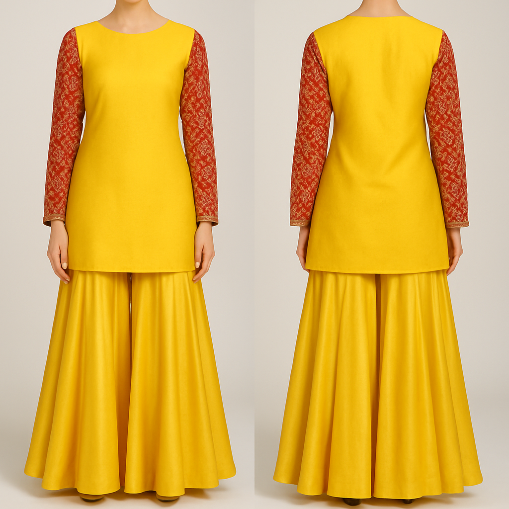 Yellow kurta short till hips with entire patch red and golden design on sleeve , sleeves full length. Below that a loose Sharara 
Yellow kurta short till hips with entire patch red and golden design on sleeve , sleeves full length. Below that a loose Sharara , silk style, show front and back