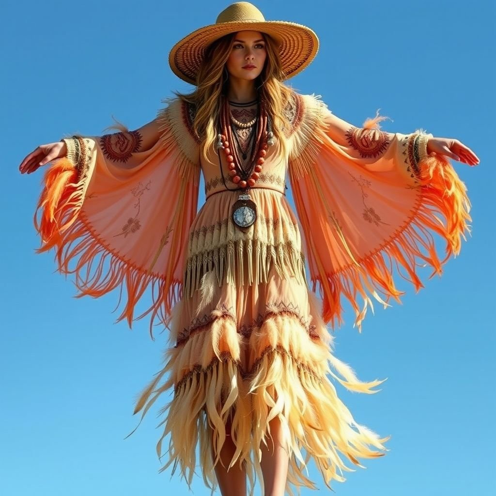 A fancy feathered dress
Design a boho-chic fancy feathered dress featuring flowing layers of ethereal fabrics in earthy tones. Adorn it with intricately embroidered tribal patterns and cascading fringe. Incorporate delicate, oversized feathers along the hemline and sleeves, and complete the look with a wide-brimmed hat and layered beaded accessories for that carefree, artistic vibe.