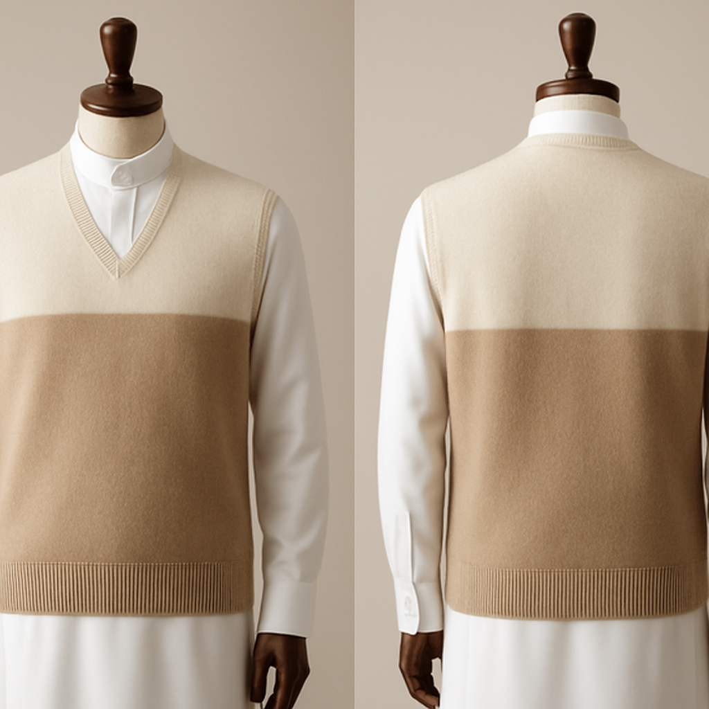Prompt 1 — Minimal Classic (Ivory puffed fabric / Warm Beige)
Photorealistic two-tone cashmere vest with a clean V-neck and horizontal chest color split; top Ivory and bottom Warm Beige; ultra-fine matte cashmere texture, 1cm narrow ribbing, hidden buttons; subtle tonal jacquard inside collar; worn over a pristine white Saudi thobe visible underneath; displayed on an elegant polished wooden mannequin; soft studio lighting; neutral seamless background; editorial fashion photography, high-detail fabric.
Prompt 1 — Minimal Classic (Ivory puffed fabric / Warm Beige)
Photorealistic two-tone cashmere vest with a clean V-neck and horizontal chest color split; top Ivory and bottom Warm Beige; ultra-fine matte cashmere texture, 1cm narrow ribbing, hidden buttons; subtle tonal jacquard inside collar; worn over a pristine white Saudi thobe visible underneath; displayed on an elegant polished wooden mannequin; soft studio lighting; neutral seamless background; editorial fashion photography, high-detail fabric., show front and back