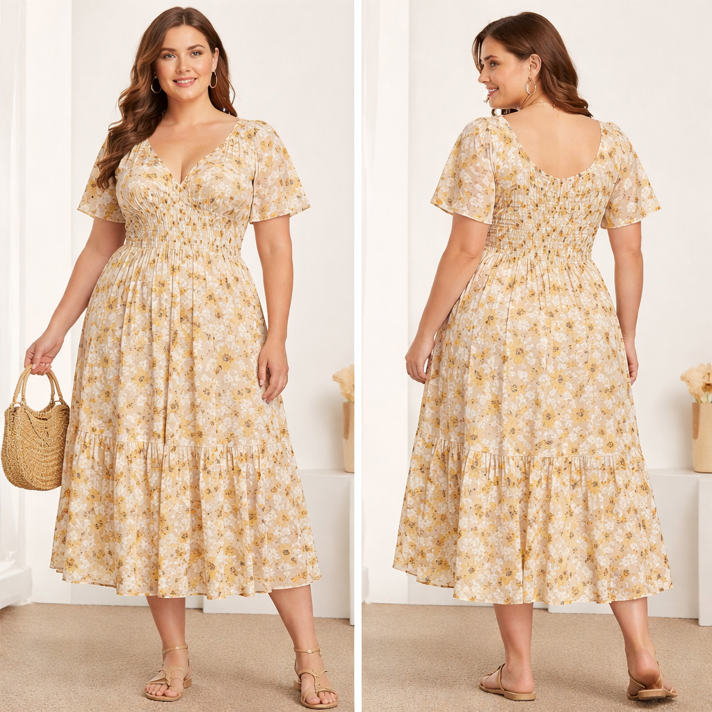 Dress for plussize girl
Length: midi
Color small flowers, base color is beige and flowers are butter yellow, with touch of brown
Fabric viscose
Short wide sleeve
Elastic from the back and tight from neck till hem
V neck
Dress for plussize girl
Length: midi
Color small flowers, base color is beige and flowers are butter yellow, with touch of brown
Fabric viscose
Short wide sleeve
Elastic from the back and tight from neck till hem
V neck , show front and back