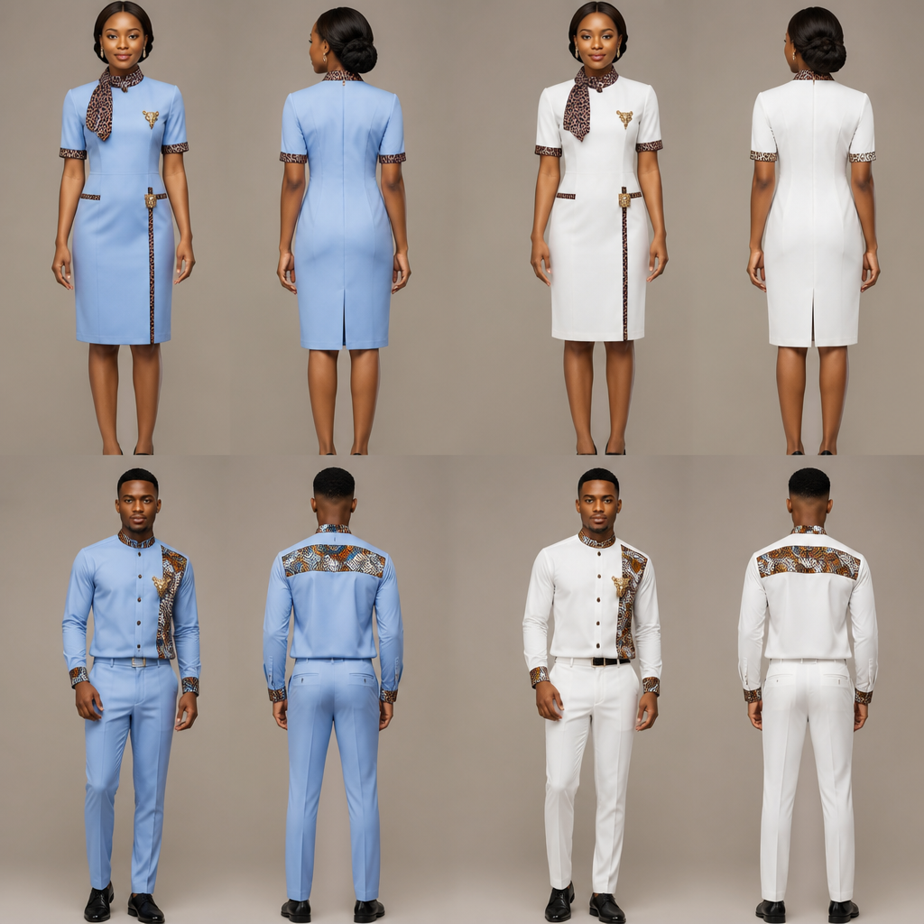 designs de Robe hôtesse pour restaurant différents , robe droite jusqu’au genoux pour femme , col pasteur petite écharpe motif panthère noire et marron , bouton en panthère Avec une touche de paille dessus et designs pantalon chemise pour homme , designs de couleur bleue ciel et l’autre en couleur blanc avec des designs sur la robe en motifs tissu panthère tissu africain ekang Cameroun , très fashion chic , et élégante , plus stylé et original
photorealistic fashion design, designs de Robe hôtesse pour restaurant différents , robe droite jusqu’au genoux pour femme , col pasteur petite écharpe motif panthère noire et marron , bouton en panthère Avec une touche de paille dessus et designs pantalon chemise pour homme , designs de couleur bleue ciel et l’autre en couleur blanc avec des designs sur la robe en motifs tissu panthère tissu africain ekang Cameroun , très fashion chic , et élégante , plus stylé et original , office style, just the design no text, show front and back