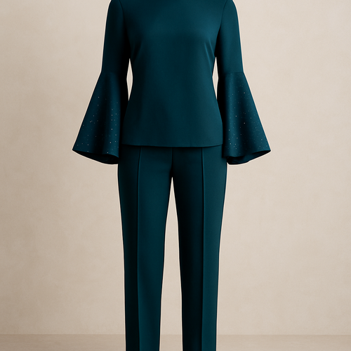 The Signature Luxe Two-Piece
A silk-crepe top with dramatic bell sleeves lightly dusted with stones, paired with straight-cut tailored trousers. Available in rich tones: