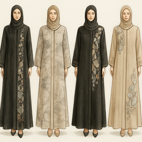 Create a modest two piece abaya, first of its kind, featuring a unique stone design that exudes a classy and sophisticated vibe. I'd like four designs, each showcasing different styles and fabrics. Incorporate high-end, unique chic stone designs to make them truly special. Add little sophisticated stone designs. Make it irresistible with designs that stands out.