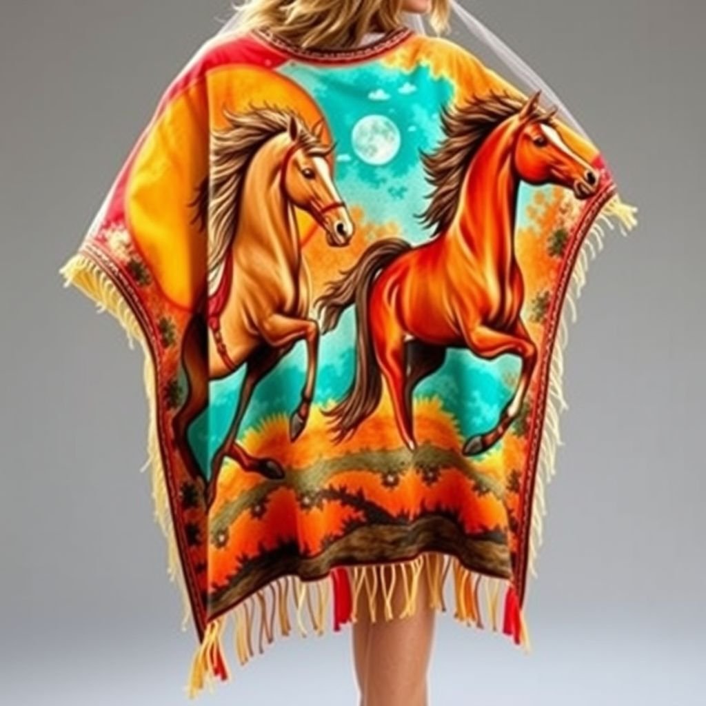 Patch work summer poncho which is handpainted of horse
Design a vibrant summer poncho featuring intricate hand-painted patchwork of majestic horses in dynamic poses. Utilize lightweight, breathable fabric with a flowing silhouette, perfect for open-air events. Incorporate bold colors like turquoise and sunset orange, embellished with fringed edges and oversized pockets, evoking a bohemian, carefree vibe for warm-weather adventures.