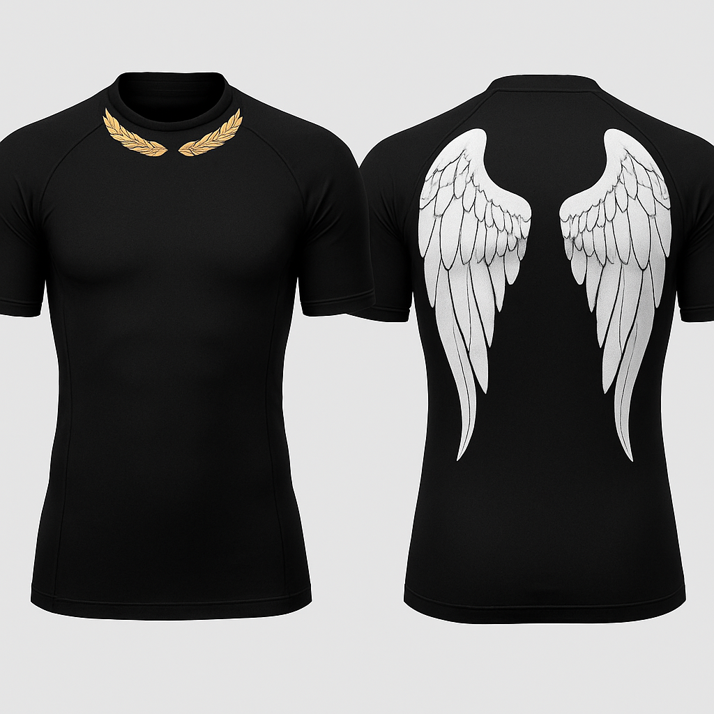 Black base compression fit short sleeve rash guard with angel wings in the back 

There’s a character from the video game super mash bros named pit. I would like his gold father headband to be just under the collar of the rash guard. Lastly in pits wrist he has 2 gold bracelets. I’d like to put those on the left sleeve of the rash guard 

Put the rings a little higher and I want the neck piece to have a gap in the center of the neck area 

Black base compression fit short sleeve rash guard with angel wings in the back 

There’s a character from the video game super mash bros named pit. I would like his gold father headband to be just under the collar of the rash guard. Lastly in pits wrist he has 2 gold bracelets. I’d like to put those on the left sleeve of the rash guard 

Put the rings a little higher and I want the neck piece to have a gap in the center of the neck area , show front and back