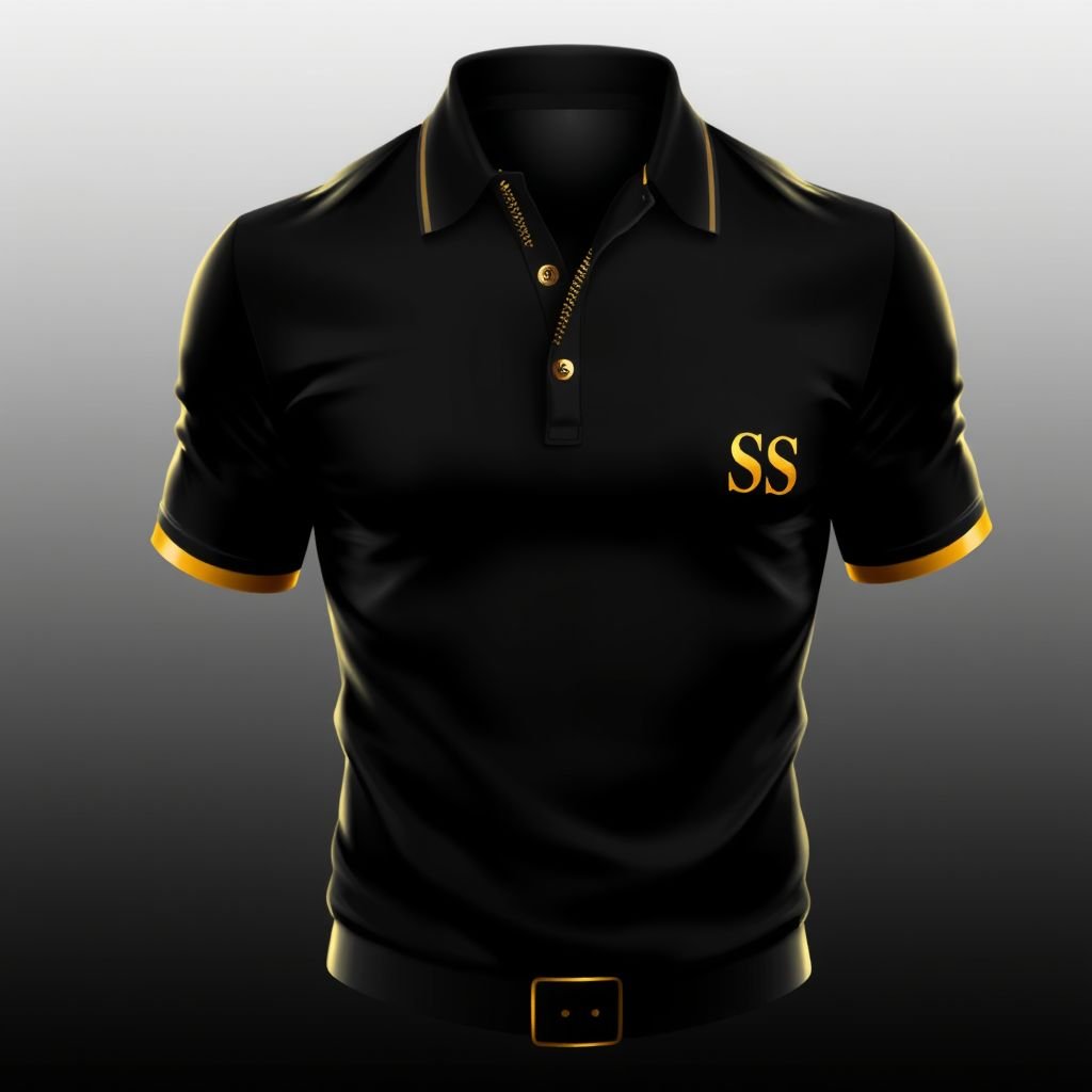 Design a sexy elegant Cotten material female slim fit polo shirt with SS logo on the right side of chest can be worn casually with half way zipper instead of button in black and gold
Design a glamorous, sexy slim-fit cotton polo shirt, featuring a sleek halfway zipper instead of buttons, exuding sophistication. The shirt boasts a stunning black foundation with luxurious gold accents. The SS logo adorns the right chest, enhancing its elegance. Perfect for casual outings or upscale gatherings, it radiates confidence and allure.