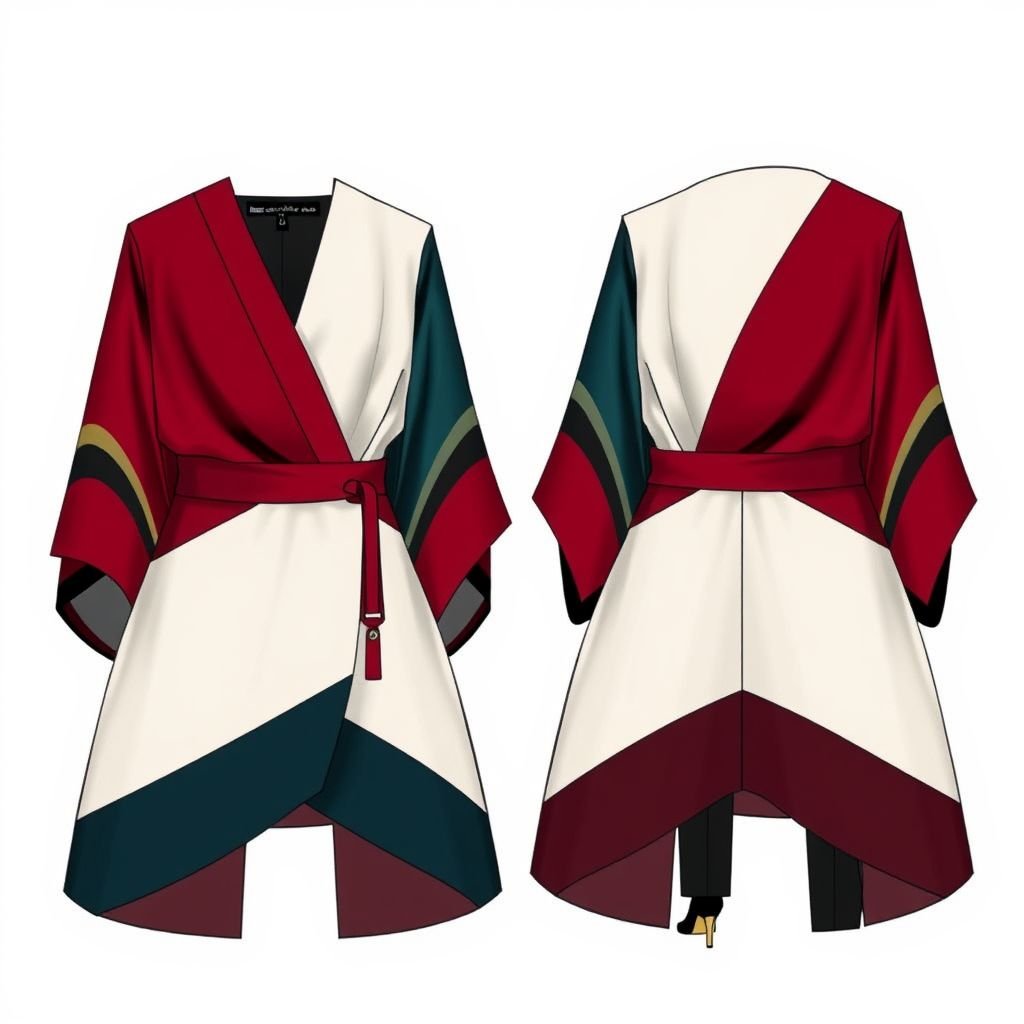 Kimono style elegant classy professional two piece design, make it less Asian and more modern with color blocking and a more structural fabric
Design a luxury two-piece ensemble featuring a modern kimono silhouette, elevated with bold color blocking in rich jewel tones. Incorporate a structured, high-quality fabric that exudes sophistication. The top should have sleek, asymmetrical lines, while the trousers showcase tailored elegance. Enhance with opulent gold accents for a refined, upscale finish.
