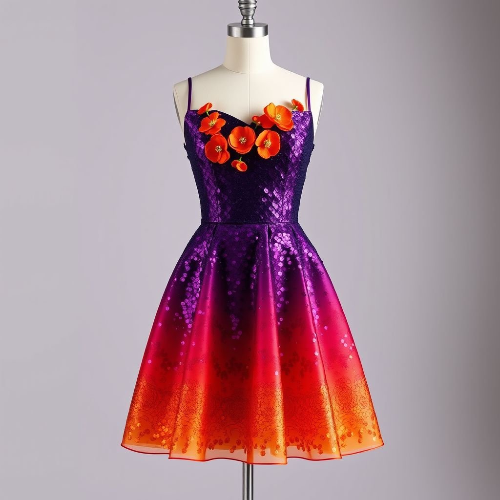 Create a dress that Midland firm below the thighs above the knee and can you do it like purple? No very dark dark purple but a nice purple not very light and very dark and then I want you to blend it like an ombre at the top under the bottom of an orange colour and I want you to use a sequin or beading type of fabric and once the base is done of the dress I want you to add like tiny flowers made out of horizontal sequence if you know what I mean like tiny flowers made out of sequence and you can make the flowers very orange like more orange than the fabric colour chosen for the base of the dress
Design a captivating knee-length dress in a rich, vibrant purple. The silhouette features an ombre effect, transitioning elegantly to a warm, sunset orange at the hem. Crafted from luxurious sequin fabric, the dress shimmers, while delicate, hand-stitched sparkling flowers in bold orange bloom across the bodice, adding a whimsical touch. Perfect for enchanting evenings.